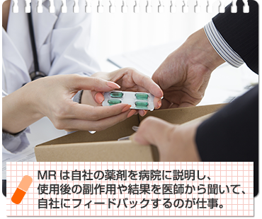 MRは自社の薬剤を病院に説明し、使用後の副作用や結果を医師から聞いて、自社にフィードバックするのが仕事。